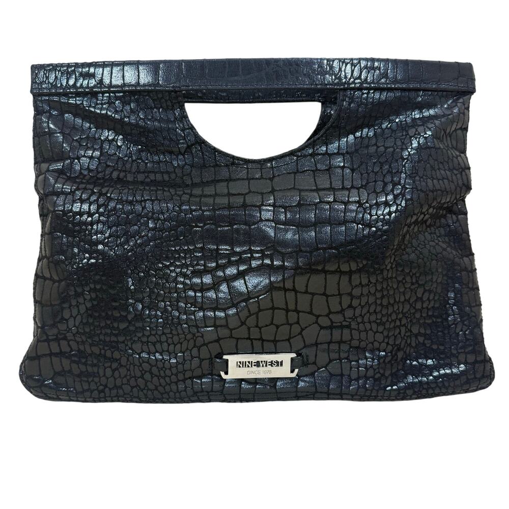 Nine West Clutch Women’s Black Faux Crocodile Cutout Handle Evening Purse